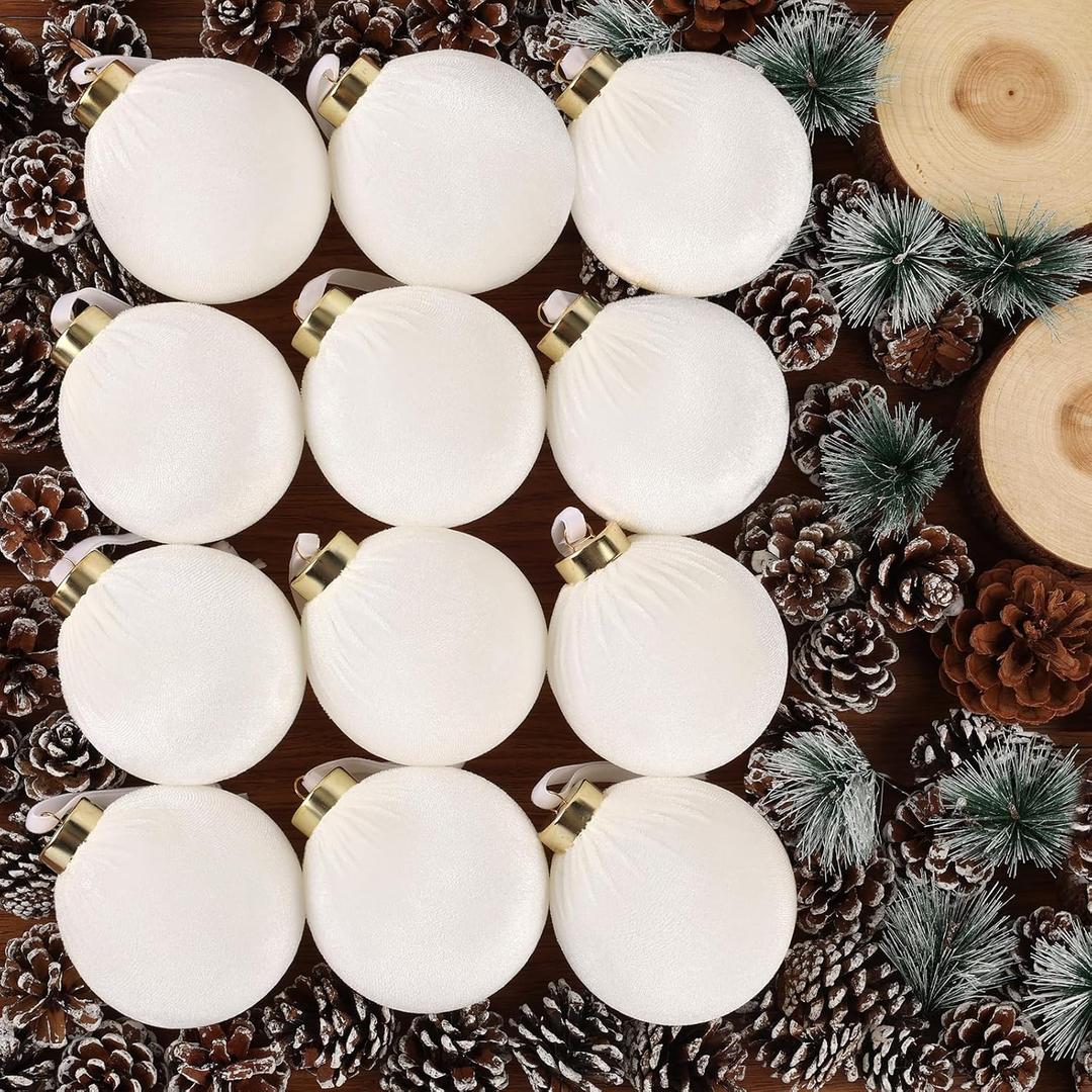 12 Pack Velvet Christmas Ball Ornaments Large Flocked Christmas Tree Hanging Ornaments Shatterproof Flocked Decorative Balls for Xmas Tree Decorations (White, 3.15inch)