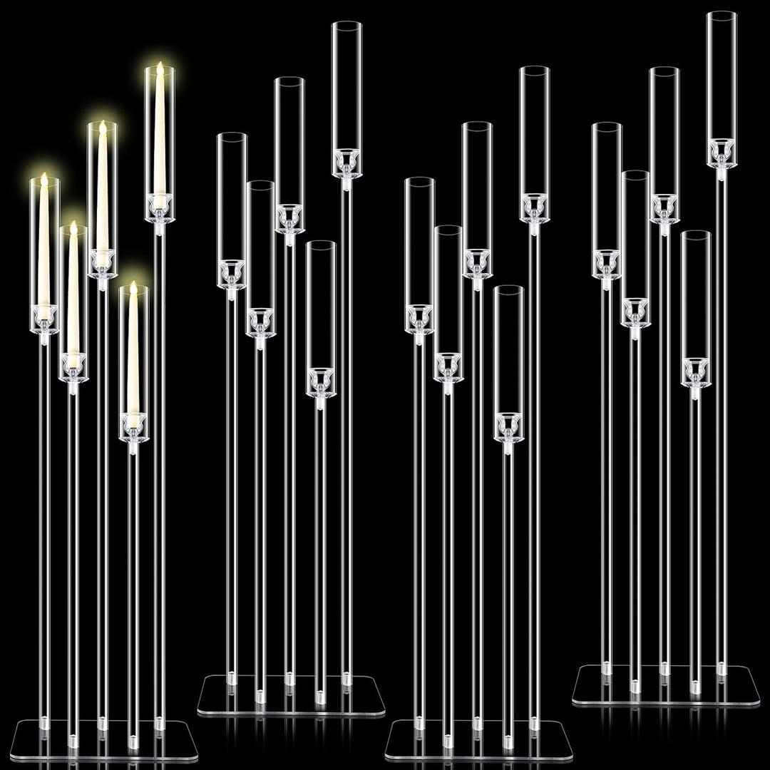 Tessco 4 Set 5 Arms Acrylic Candelabra Centerpieces 46.4'' Tall Clear Candle Holders Wedding Table Centerpiece Floor Candle Stand with Acrylic Shade Fit 0.8'' LED Candles for Home Party Decoration