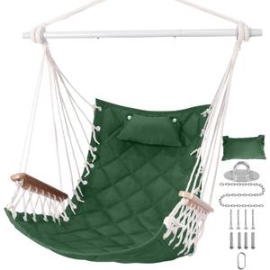 Hammock Chair Hanging Swing with Wooden Armrest,Steel Spreader Bar,Pillows,Hardware kit Included;Cotton Woven;Up to 350 Lbs,for Indoor Outdoor Green