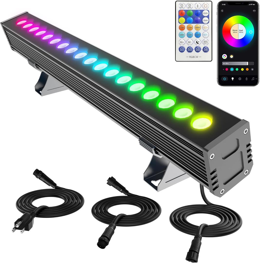 Smart Wall Washer Light Bar 20in RGBCW Linkable Waterproof LED Light for Indoors/Outdoors with App/Voice Control, 16M Colors, Dimmable, Music Sync, 50 Scene Modes, Timer, AC120V