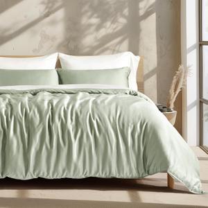 EVERGRACE Tencel Lyocell Cooling Duvet Cover Set King Size 3 Piece, 100% Natural Eucalyptus Lyocell Fiber from Austria, Luxury Silky Soft Comforter Cover with 2 Shams, Sage Tea Green, 92"x108"