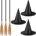 Panitay 6 Pieces Halloween Witch Broom Hat Set, Includes 3 Pcs Realistic Witch Brooms and 3 Pcs Black Hats, Halloween Accessories for Party Cosplay Props Costume Accessories