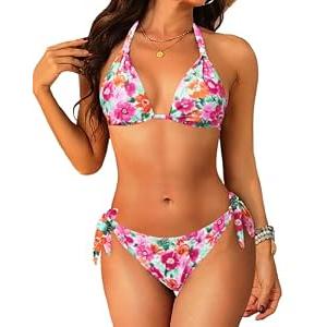 Women Halter Bikini Set - Two Piece Triangle Swimsuit Tie Bathing Suit 2025 Cute Swimwear Orange Colorful Floral Large