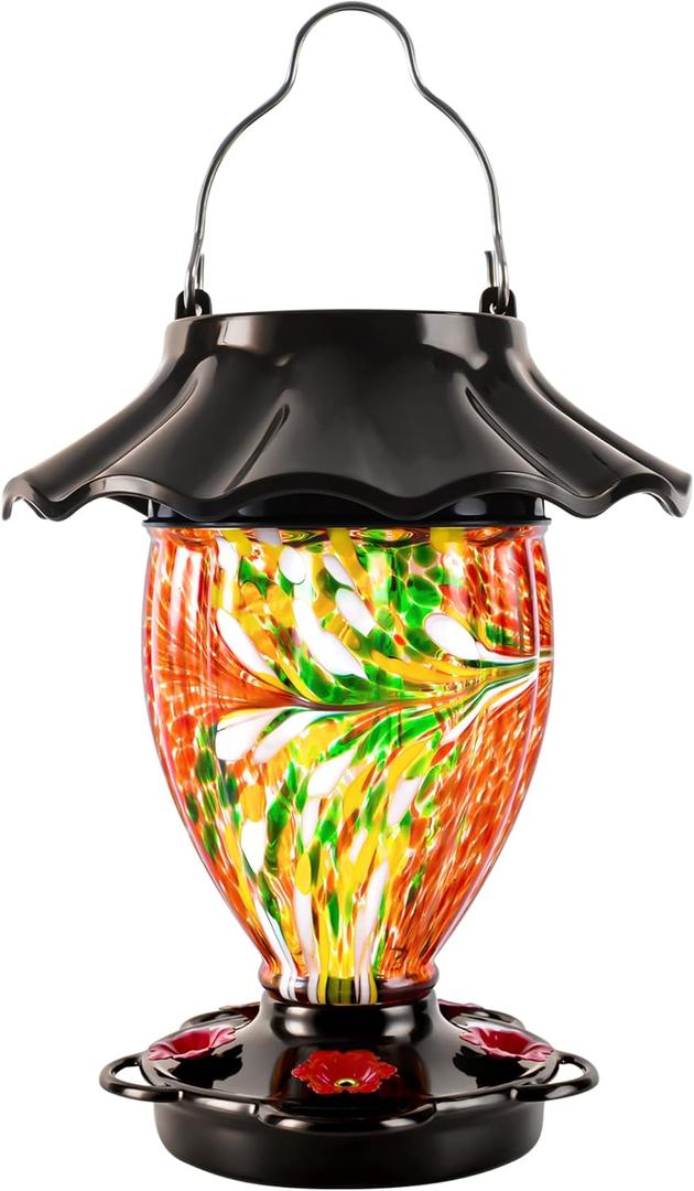 LUJII Solar Hummingbird Feeder for Outdoors Hanging with Color Changing, Hand Blown Glass Reservoir, 32 fl.oz, Never Leak, Lighted Lantern for Garden Decor, Unique Gift for Bird Lover (Red)