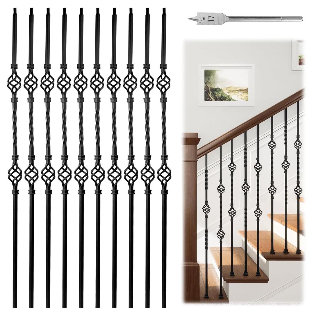 Muzata 10pack 44'' Wrought Iron Balusters for Staircase Interior Exterior Deck Black Double Basket Twist Hollow Metal Spiral Balusters Spindles Decorative Stair Parts, WT05