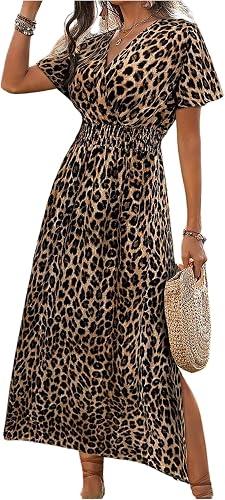 OYOANGLE Women's Leopard Print Short Sleeve Ruffle Long Dress Shirred Waist High Slit Flowy Cheetah Dresses Brown Large