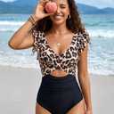 B2prity One Piece Swimsuits for Women Ruffle Sleeve V Neck Bathing Suit Tummy Control Cutout Monokini Slimming Swimwear Leopard Black, Large