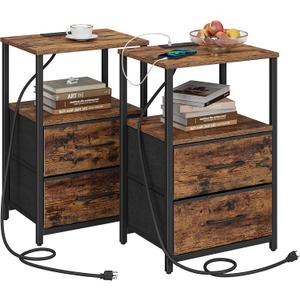 TUTOTAK End Table with Charging Station, Side Table with 2 USB Ports and Outlets, Nightstand with Cloth Drawer, Set of 2, Couch Table, Brown TB01BB052
