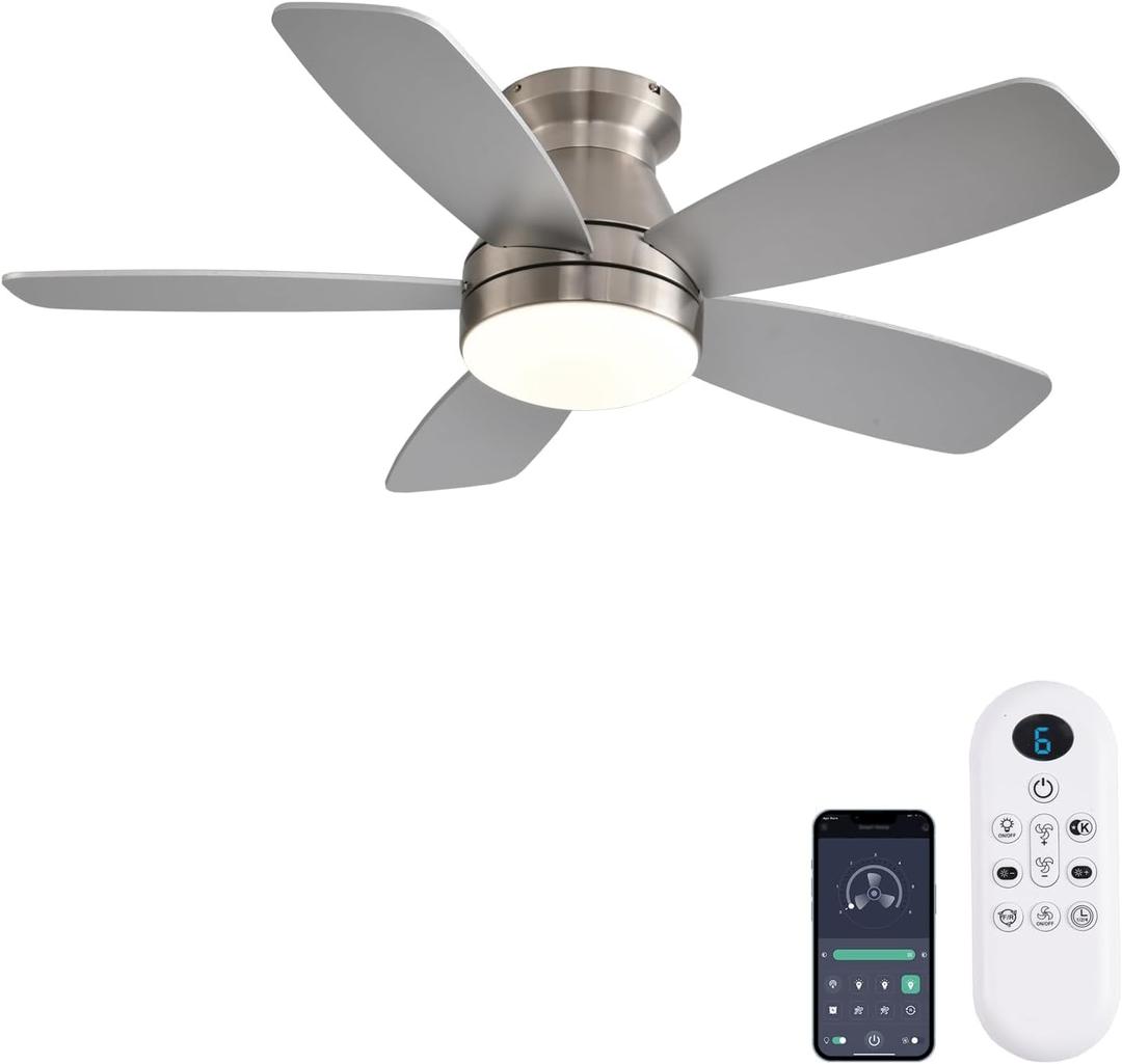 JSAITEE Ceiling Fans with Lights, 42 Inch Low Profile Ceiling Fan with Light and Remote/App Control, Flush Mount, Reversible, 3CCT, Dimmable, Noiseless, Nickel Ceiling Fan for Indoor/Outdoor Use