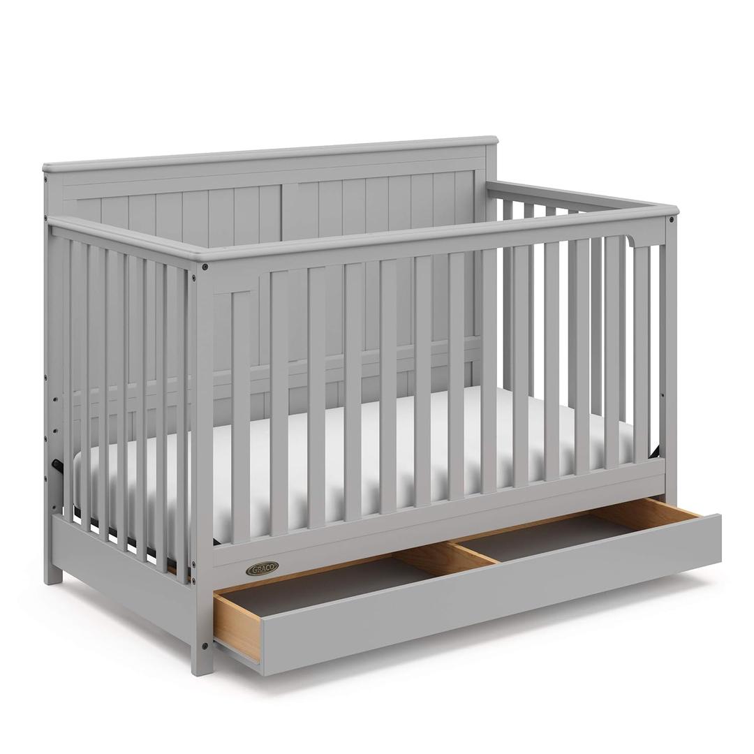 Graco Hadley 5-in-1 Convertible Crib with Drawer (Pebble Gray)  GREENGUARD Gold Certified, Crib with Drawer Combo, Full-Size Nursery Storage Drawer, Converts to Toddler Bed, Daybed