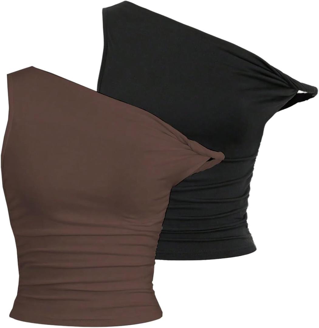SOLY HUX Women's 2 Piece Tank Top Asymmetrical Neck Twist Ruched Sleeveless Going Out Tops (Medium, Black and Brown)