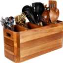Wooden Kitchen Utensil Holder Organizer for Counter or Countertop, Large Wooden Utensil Holder for Storage Cooking and Silverware with 4 Compartment, Acacia Rustic Wood Container Extra Large