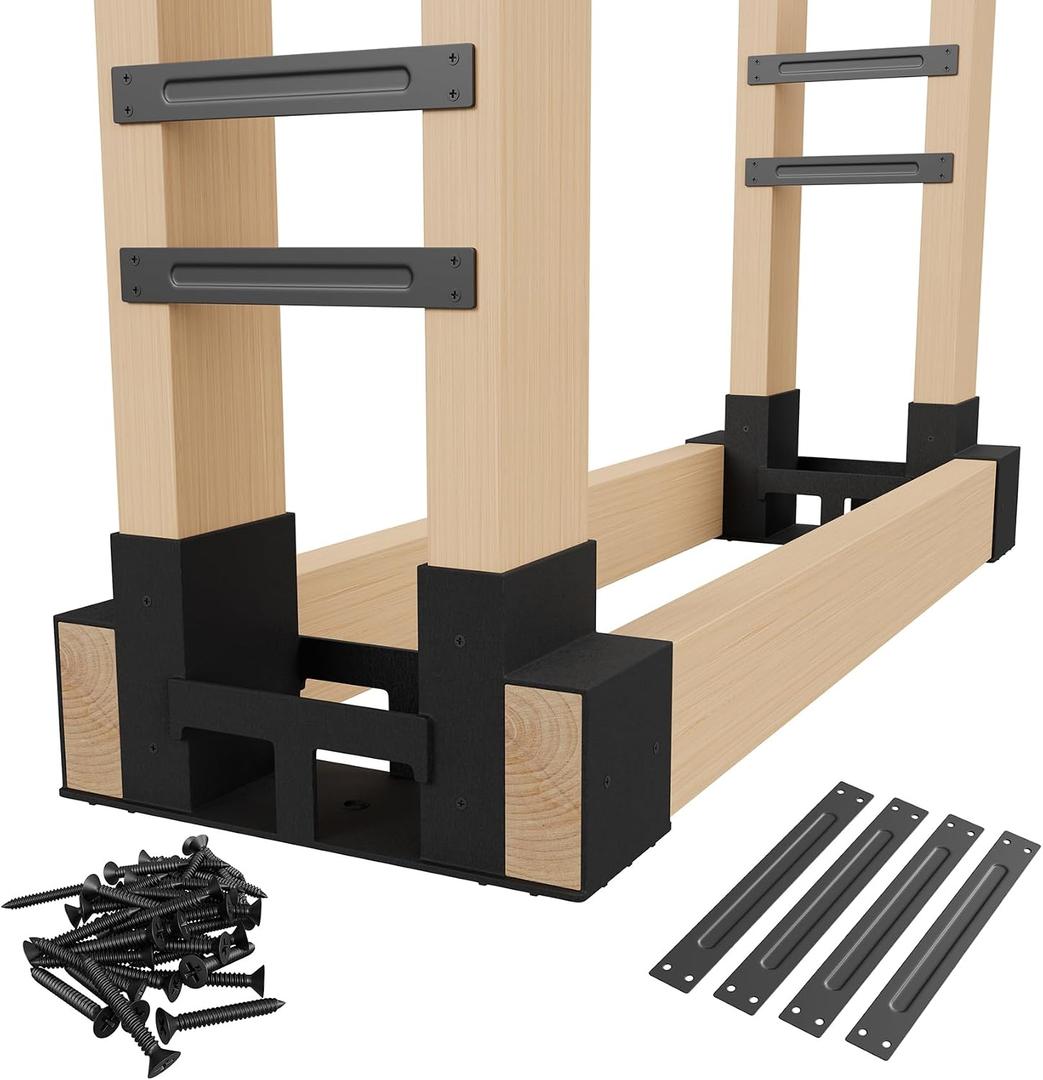 Jusgym Firewood Rack Outdoor Indoor, Heavy-Duty Plastic Firewood Rack Brackets Kit with 4 Support Bars, 3.5mm Thick Adjustable Fire Wood Storage Racks with Drainage Holes, Set of 2