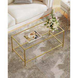 Glass Coffee Table, Modern Rectangular Coffee Table for Living Room, Minimalist Center Tea Table with Sturdy Metal Frame for Apartment, Office, Easy Assembly, 39.4 x 19.7 x 17.7 Inches, Golden