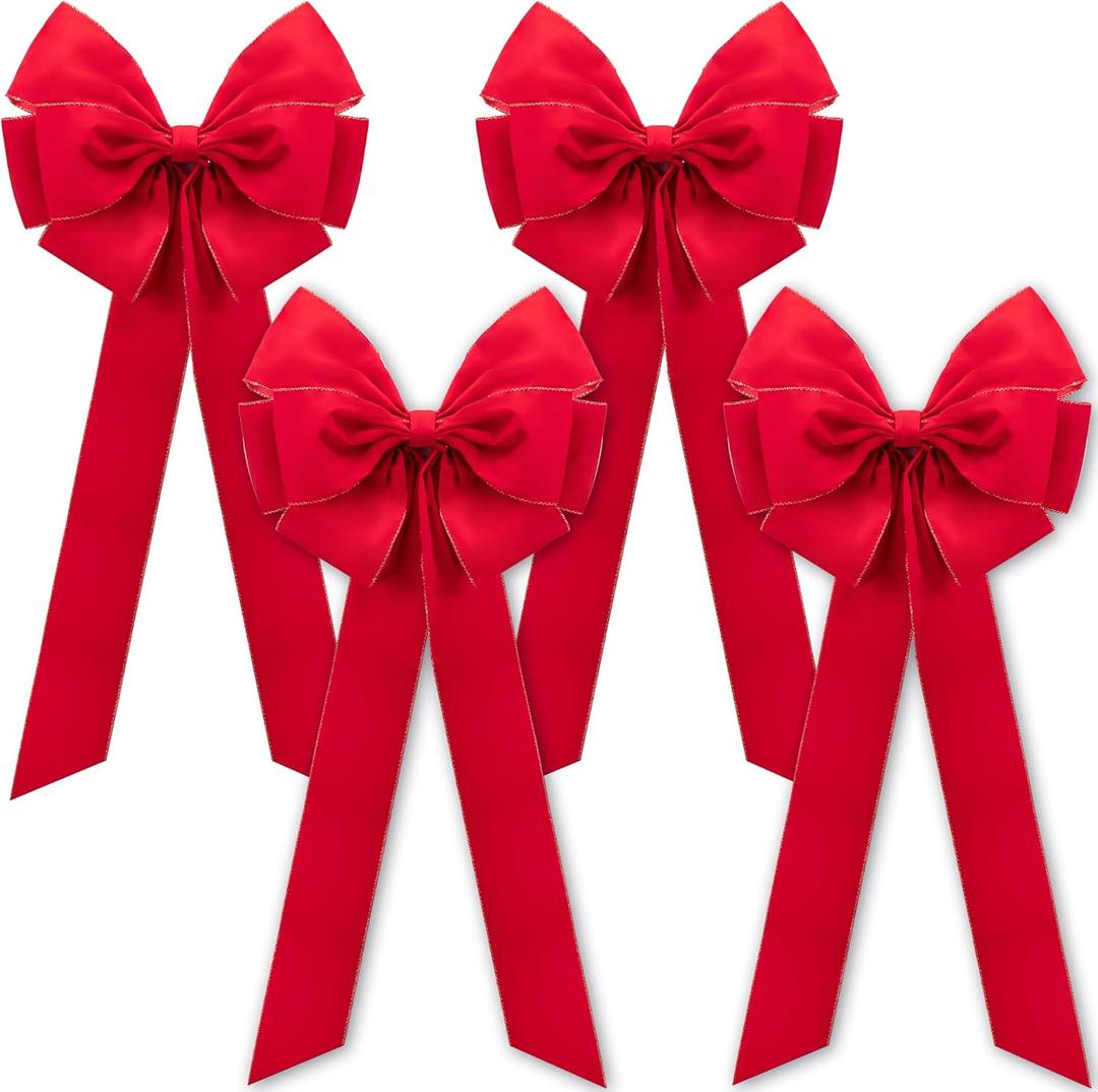 Iceyyyy 4 Pcs Large Christmas Bow,35.4" x 17.1" Red Velvet Golden Edged Bows,Christmas Tree Topper Ornament Bows for Valentine Wreath Xmas Home Front Door Decoration