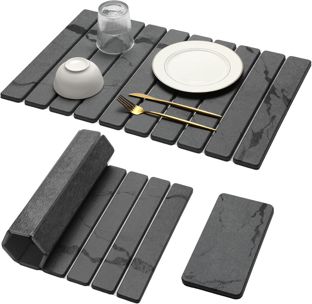Large Stone Dish Drying Mat for Kitchen Counter, 2PCS Quick Dry Stone Dishes Mat,Foldable Water Absorbing Diatomaceous Drying Organizer Pad for Plates Rack Bottles Utensils(Dark Gray 24"16" & 8"x4")