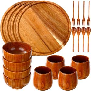 20 Pcs Acacia Wood Dinnerware Set 11.6 Inch Round Wooden Plates Bowls Tea Cups Fork Spoons Acacia Wood Tableware Supplies Easy Cleaning Lightweight for Dishes Snack Dessert, 4 Set