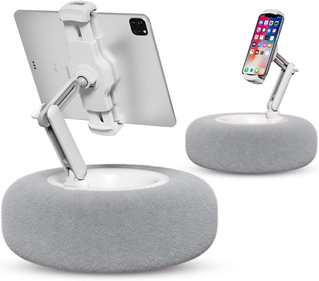 Viozon Tablet Stand Pillow, Compatible with 4.7"-13" Phone/Tablet, iPad, iPhone, Samsung, Google, Kindle, 360Adjustable Phone Holder for Bed with Soft Plush Fabric, and Detachable Bowl, Grey