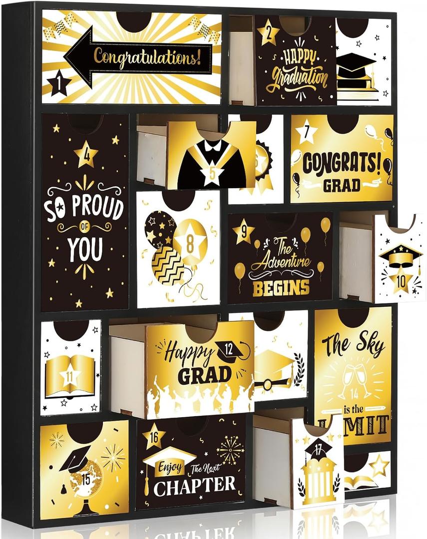 Novabright 18 Days Graduation Countdown Calendar Gift Box Wooden 2026 Empty Fillable Advent Calendar with 18 Drawers Reusable Creative Surprise Gift Box for Grad, Gifts Not Included(Black Gold)