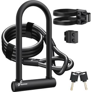 Sportneer Bike Lock: Heavy Duty Bike U Lock with 6ft Security Steel Cable - 18mm Shackle Bicycle U-Locks with Keys and Sturdy Mounting Bracket for Road Mountain Bike Bicycle, Size 11.5''x6.25'' (Black)