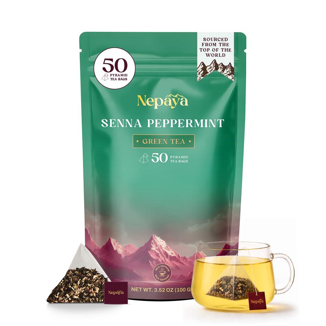 Nepaya Green Tea Bags, High Grown Pure Green Tea, 50 Biodegradable Pyramid Tea Bags, Blend of Senna Leaves-Peppermint, Ginger, Fennel & Cinnamon, Low Caffeine, Natural Green Tea Bags for Hot or Iced (BBD 11/30/25)