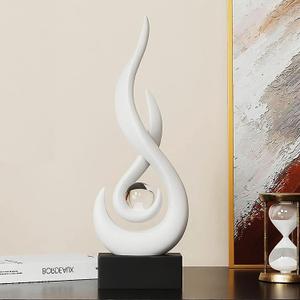 Modern Flame Sculpture Decor Flame Statue with Glass Ball Resin Abstract Art Figurines Centerpiece for Home Living Room Stand Coffee Table Office Decor (Medium White)