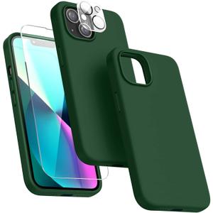Dssairo 5 in 1 Designed for iPhone 13 Case, with 2 Pack Screen Protector,2 Pack Camera Lens Protector, Liquid Silicone Ultra Slim Shockproof Protective Phone Case Microfiber Lining 6.1,Alpine Green