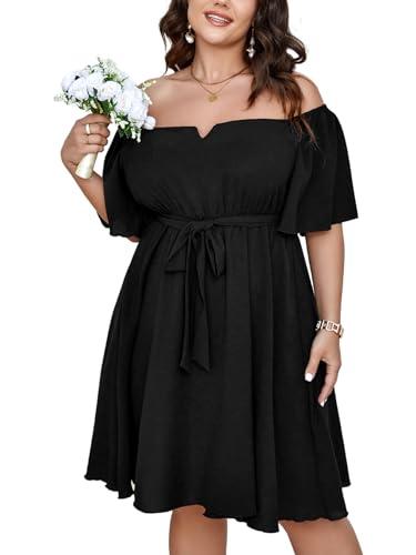 SCOMCHIC Womens Plus Size Cocktail Dress Summer Off Shoulder Short Sleeve Flowy Ruffle A-Line Cute Mini Dress with Belt Black 2XL