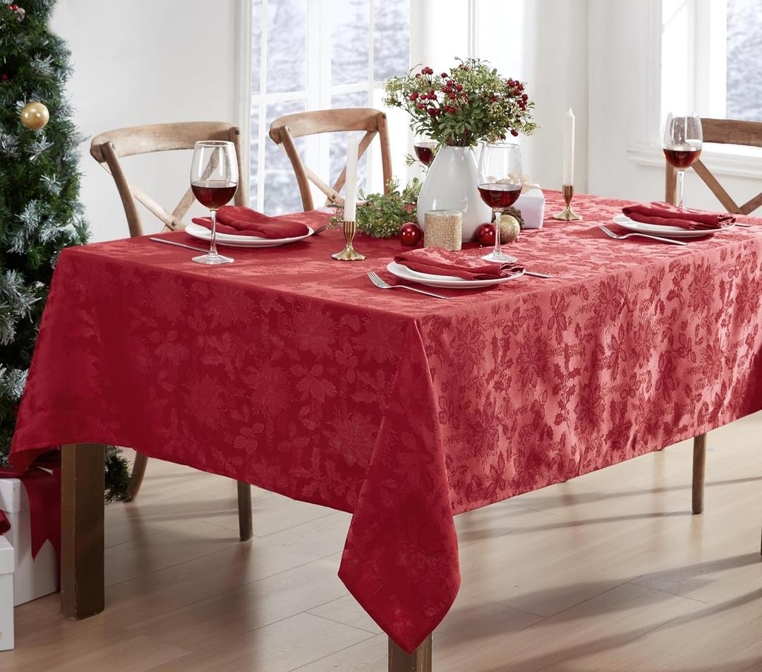 Newbridge Christmas Carol Holiday Noel Damask Fabric Tablecloth, 52 x 52 Inch Square, Grey, Holly Leaf Poinsettia Weave, Wrinkle Free Soil Resistant Easy Care Table Cover