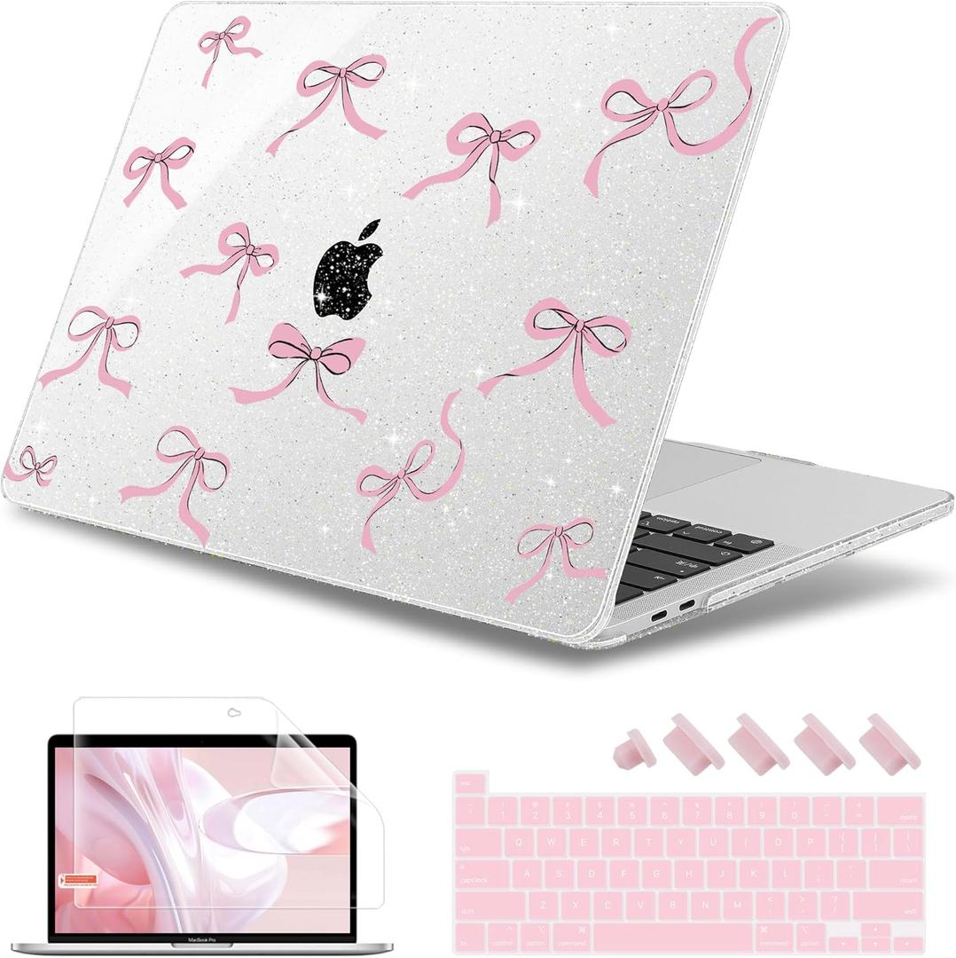 May Chen Case for MacBook Pro 13 inch M2 2023,2022,2021,2020 A2338 M1 A2251 A2289, Plastic Hard Shell Case for MacBook Pro 13" with Touch Bar Fits Touch ID, Clear Glitter Bow