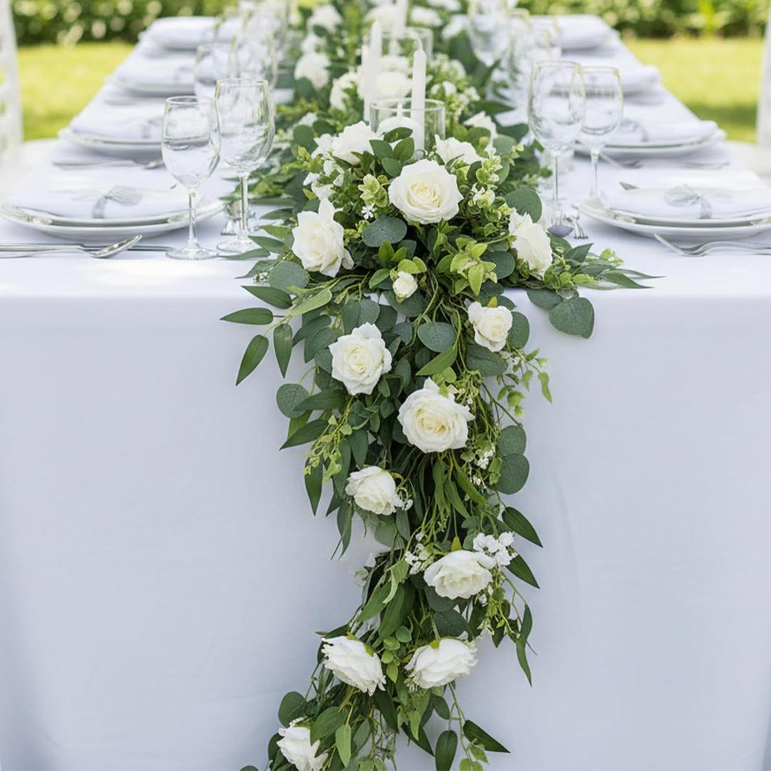 SHENLIU 4 Pack 26Ft Artificial Eucalyptus Flower Garland with White Roses, Faux Rose Vine Gypsophila Greenery Garland Floral Vines for Wedding Home Party Table Decor