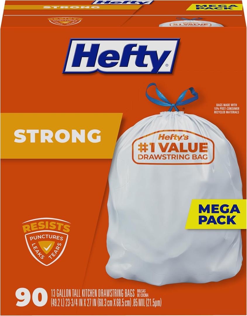 Hefty Strong 13 Gallon Bags, Tall Kitchen Bags, UnscentedLarge Bags with Drawstrings, Durable Closure, Resists Leaks, Punctures, and Tears, White, Unscented, 90 Bags