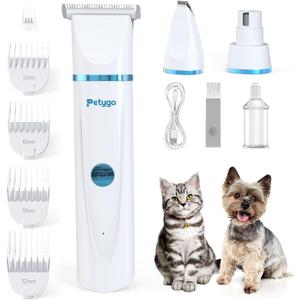 3-in-1 Dog & Cat Grooming Kit - Rechargeable Cordless Pet Hair Clippers with Nail Grinder & Paw Trimmer & 5 Guide Combs, Low Noise Dog Clippers for Grooming Small Medium Pets