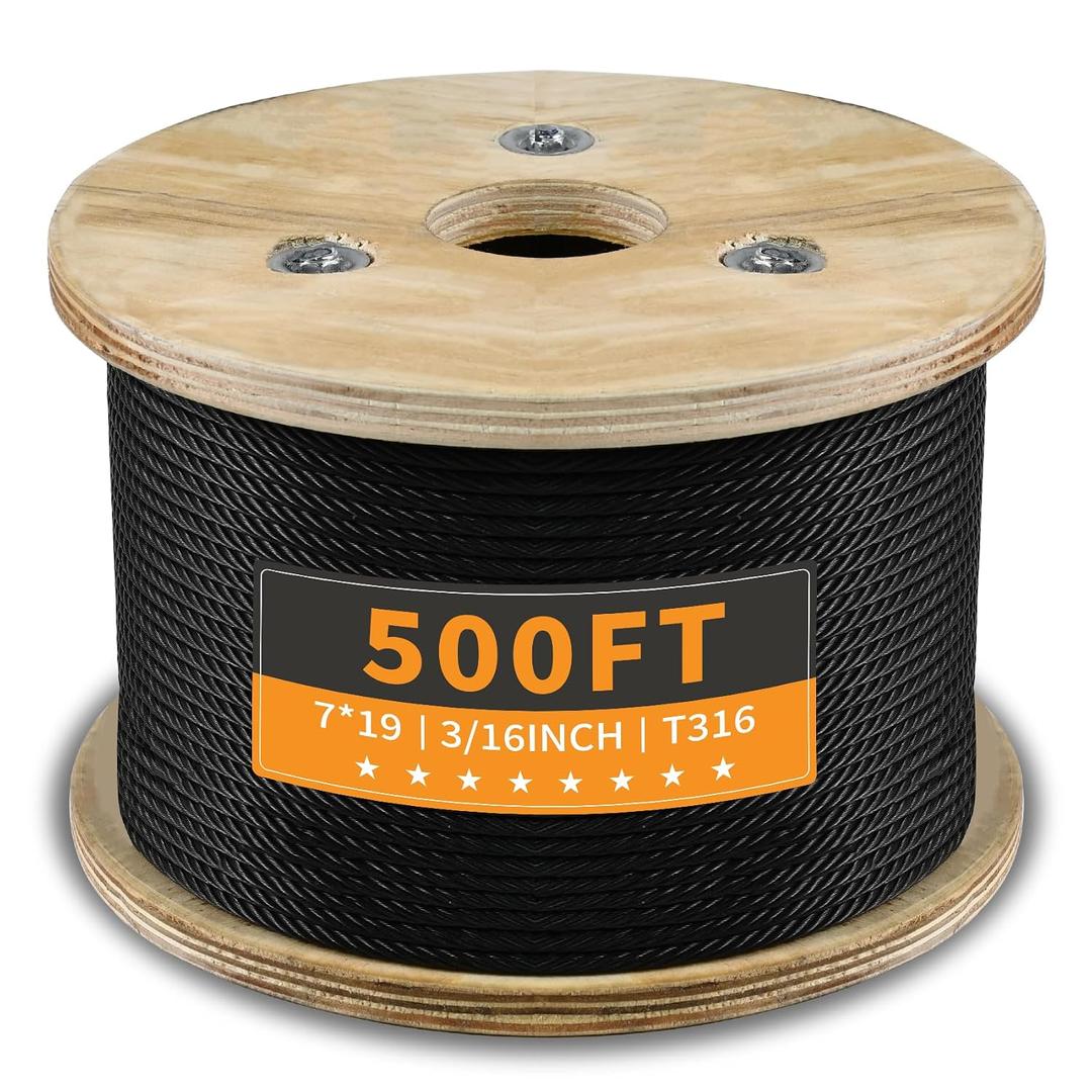 T316 Black 3/16“ Stainless Steel Cable 500ft Wire Rope 7x19 Strands Marine Grade Aircraft Cable 3700lbs Breaking Strength, Cable for Stair Fence Porch Deck Cable Railing, Clothesline & Yard Zipline