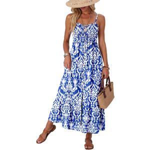 Dokotoo Womens Summer Dresses 2026 Sleeveless Spaghetti Strap Button Down Smocked Beach Vacation Long Maxi Dress with Pockets (Blue, S)