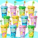 24 Pack Pool Summer Party Favors Cups with Straws and Lids, Reusable Plastic Summer Cups for Kids, Hawaiian Luau Beach Birthday Themed Drinkware Decorations Supplies, Large
