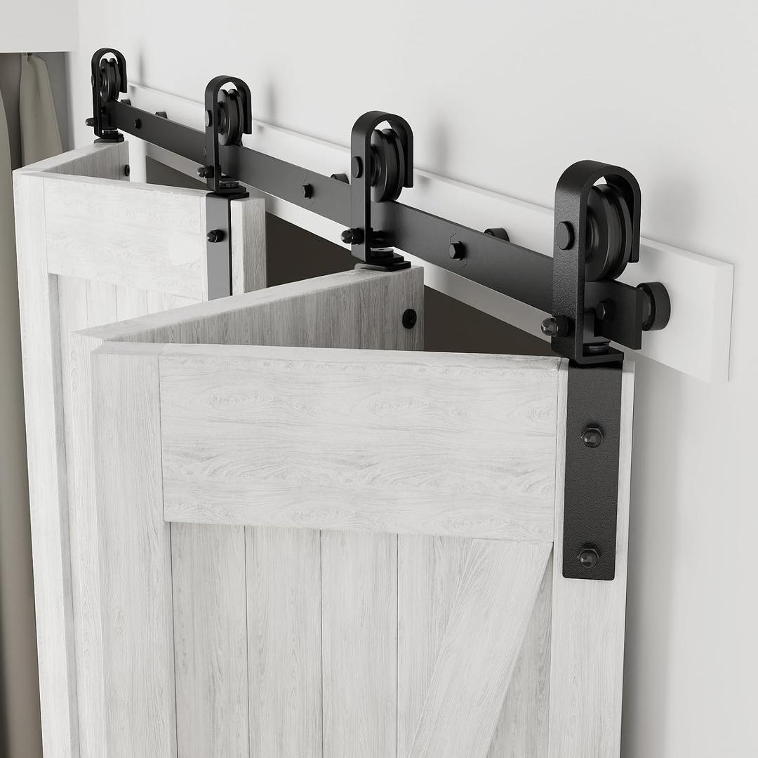 CCJH 80" Bi-Folding Sliding Barn Door Hardware Kit for 4 Doors,Slide Smoothly Quietly,Black Track J Shape Roller,No Door
