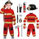 deAO Fireman Costume for Kids Firefighter Dress-Up Toy Set with Accessories Halloween Costumes Pretend Play Toy Gift for Boy (Small(4-6Y), Red)