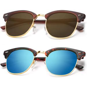 KALIYADI Polarized Sunglasses for Men and Women Semi-Rimless Frame Driving Sun glasses UV Blocking (A13-(2 Pack) Matte Tortoise | Blue | Golden Rim / Matte Brown | Brown | Golden Rim)