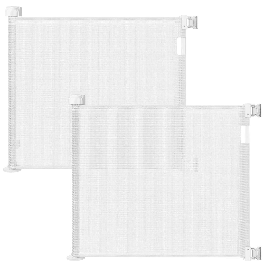 (2 Pack) Retractable Baby Gate for Doorways and Stairs, Mesh Safety Gate for Pet, Indoor & Outdoor Use, One-Hand Operation, Easy Installation, 33.6" Tall, Expands to 55" Wide White, 33.6"x55"