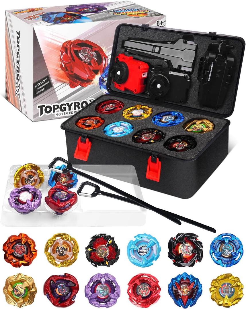 DEZAWRTY Gyro X Set, 12 Right Spinning X Blade Tops, 2 Ripcord Launchers, 1 String Launcher and 1 Grip with Storage Box, Battling Game Kids Toys Boys Birthday Gift Ideal for 6+ Years Old