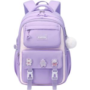 Cute Backpack for Kids Teen Girls Large Kawaii Aesthetic Elementary Middle School Student Bookbag Preppy Laptop Backpack for Ages 6-8 8-10 10-12 with Pin Accessories Plush Pendant, Purple