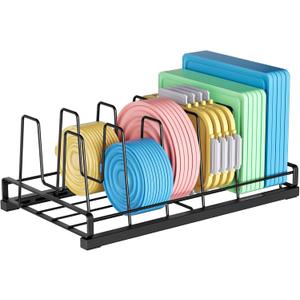 Food Container Lid Organizer for Cabinet, 6 Adjustable Dividers Metal Pot Lid Organizer, Pots and Pans Organizer Under Cabinet Storage Plastic Lids Pots Cookie Sheets for Cabinets, Cupboards, Drawers (BLACK)