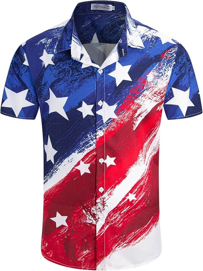 Yoimira 4th of July Shirts for Men,Patriotic Grunge Concept USA Flag Button-Down Casual Short Sleeve Hawaiian Shirts for Men 3XL