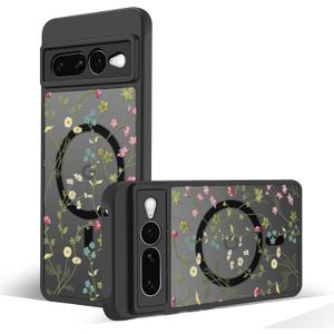 Magnetic Case for Google Pixel 7 Pro[Compatible with MagSafe] Cute Black Flower Floral Pattern Case for Women Girls Soft TPU Bumper Hard PC Back Anti-Fall Shockproof Protective Slim Cover A8 (Flower Branch 1)