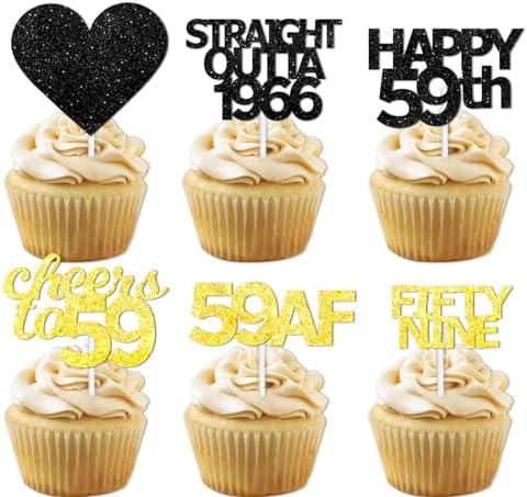18pcs Black Gold Glitter Dessert Cupcake Pick for Straight Outta 1966 Cheer to 59 Years Old Theme Decor Supplies Happy 59th Birthday Party Decoration