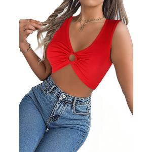Women's Tank Tops Sexy Deep V Neck Sleeveless Shirts Y2k Night Out Crop Top with Ring (Red, L)
