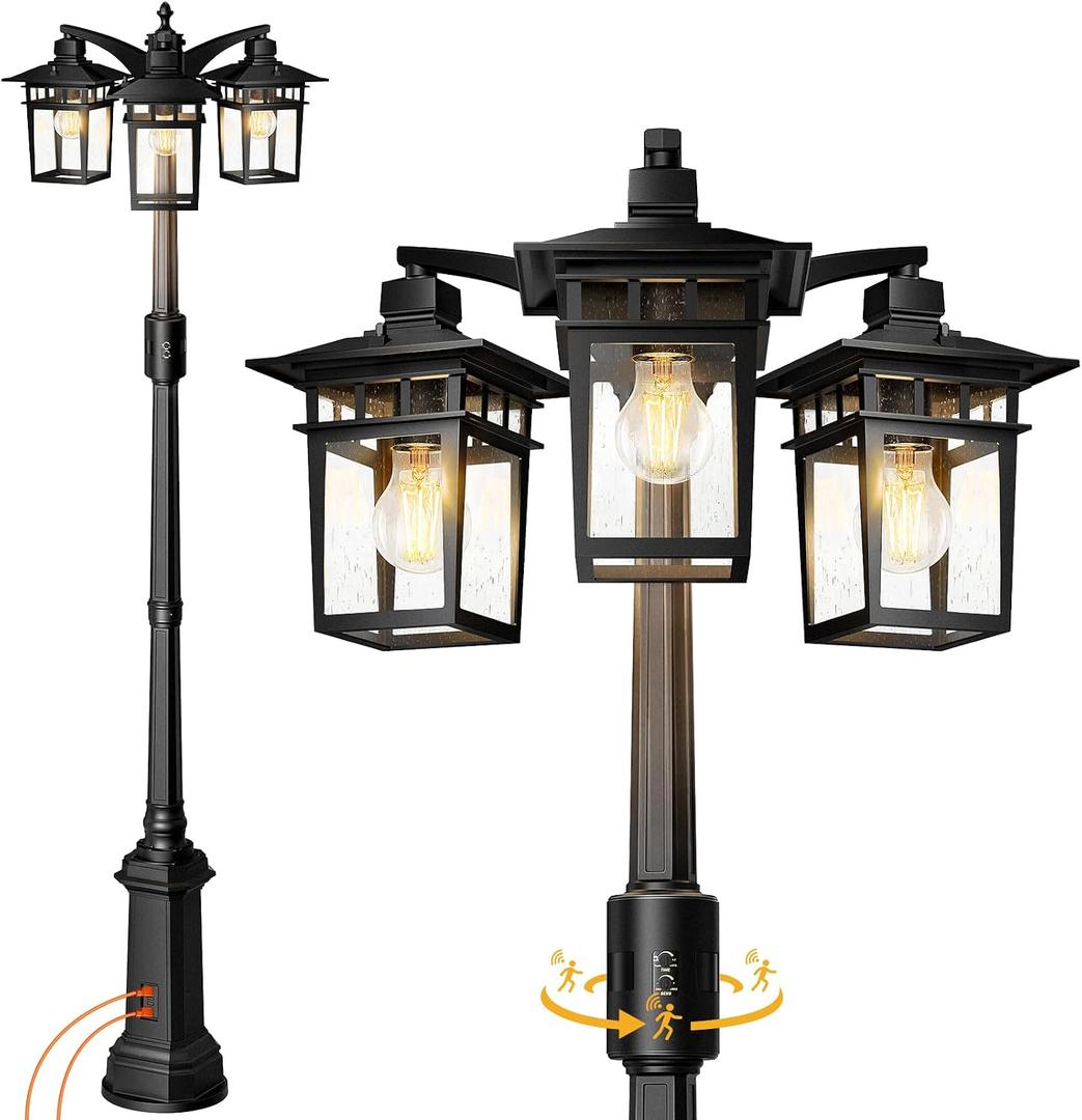 Motion Sensor Outdoor Lamp Post Light Fixture with GFCI Outlet,3-Head Dusk to Dawn Outdoor light post with bubble Glass,Aluminum Waterproof Light Poles Outdoor Lighting for Outside yard Garden Pathway, 87.5", GFCI Outlet