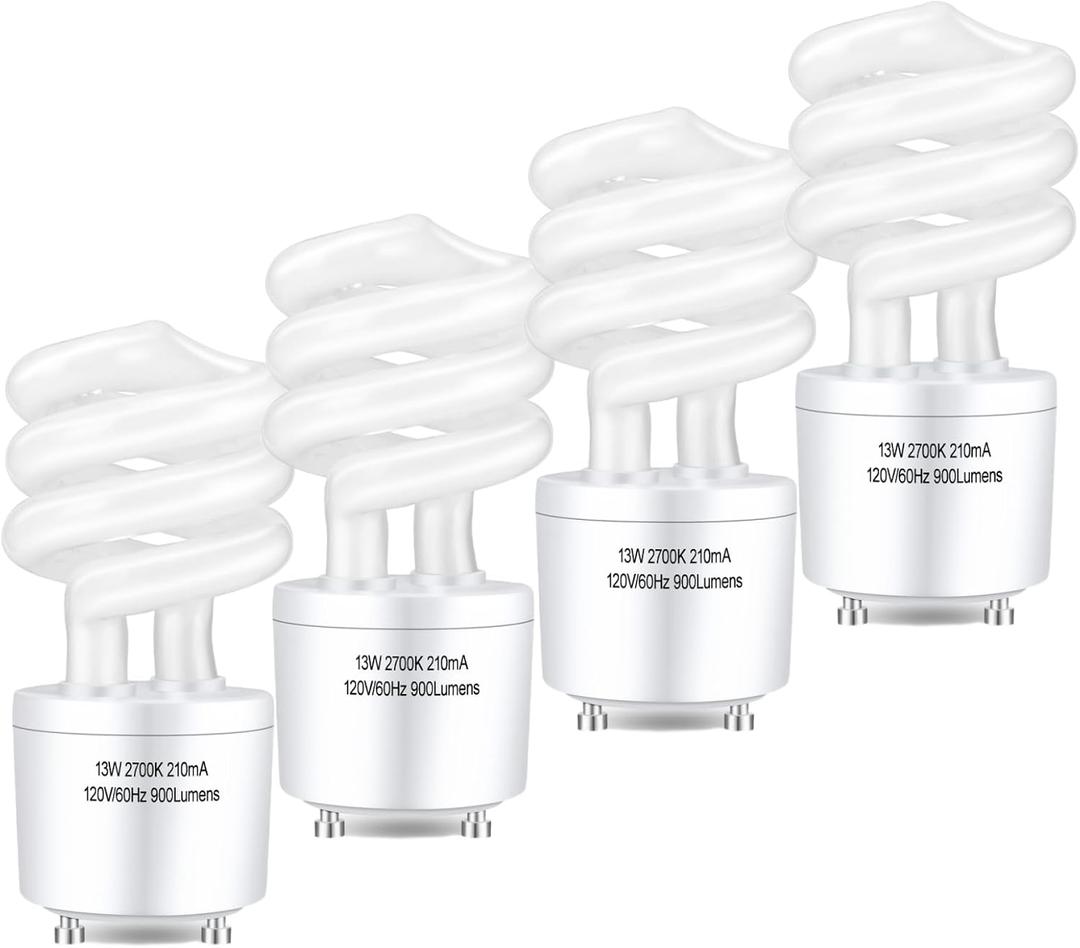 Winkcao CFL Light Bulbs GU24 Base, T3 Spiral 13Watt (60Watt Equ) Soft White 2700K 900lm Compact Fluorescent Light Bulbs, UL Approved, 120v 60Hz, Self Ballasted CFL Bulbs, Pack of 4