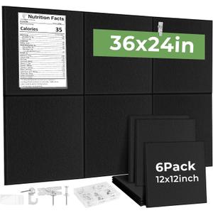 Cork Board for Walls Alternative 36" x 24", 6 Pack Bulletin Boards 30x30cm, Heavy Duty Felt Pin Board with 60 Push Pins & 10 Adhesive Sheets, Black Corkboard for Home Office Wall Decor
